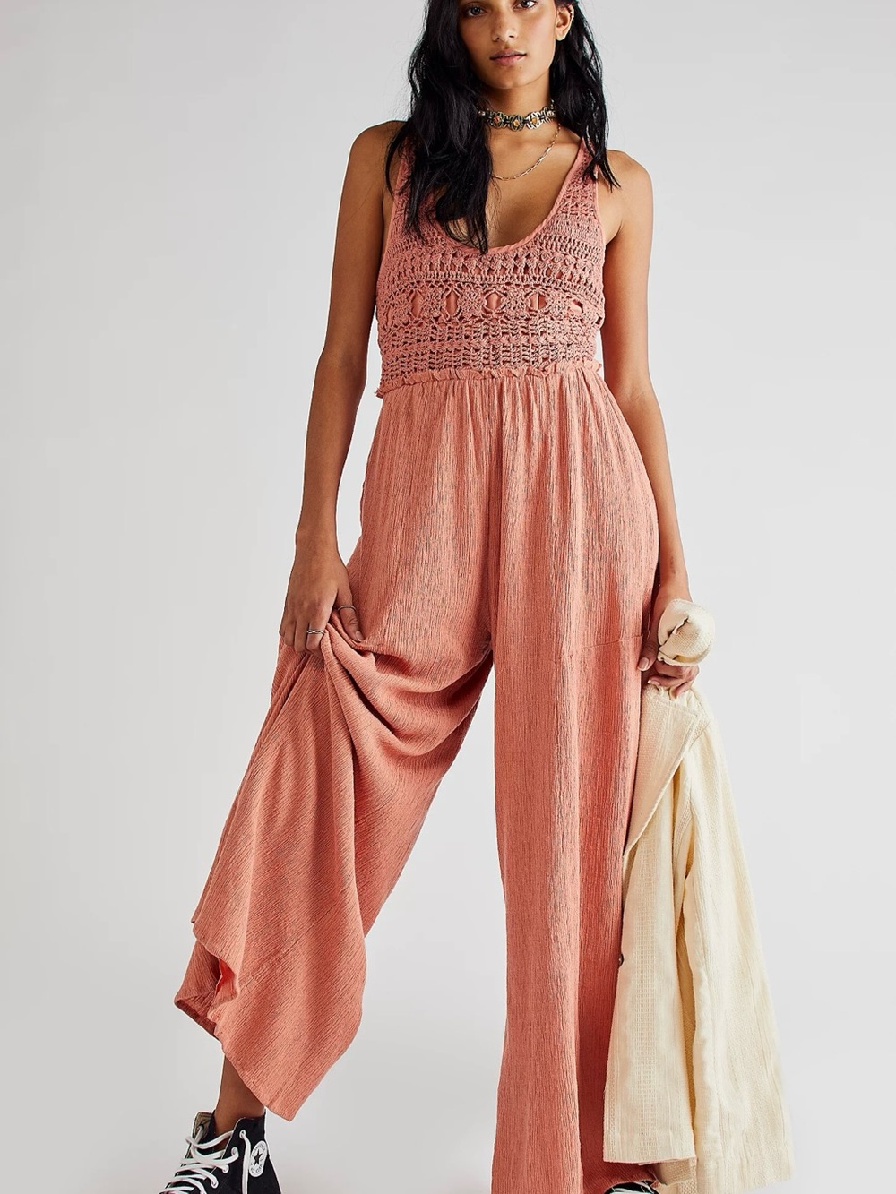 Free People Soleil Crochet Bodice Wide-Leg Jumpsuit - Coral
